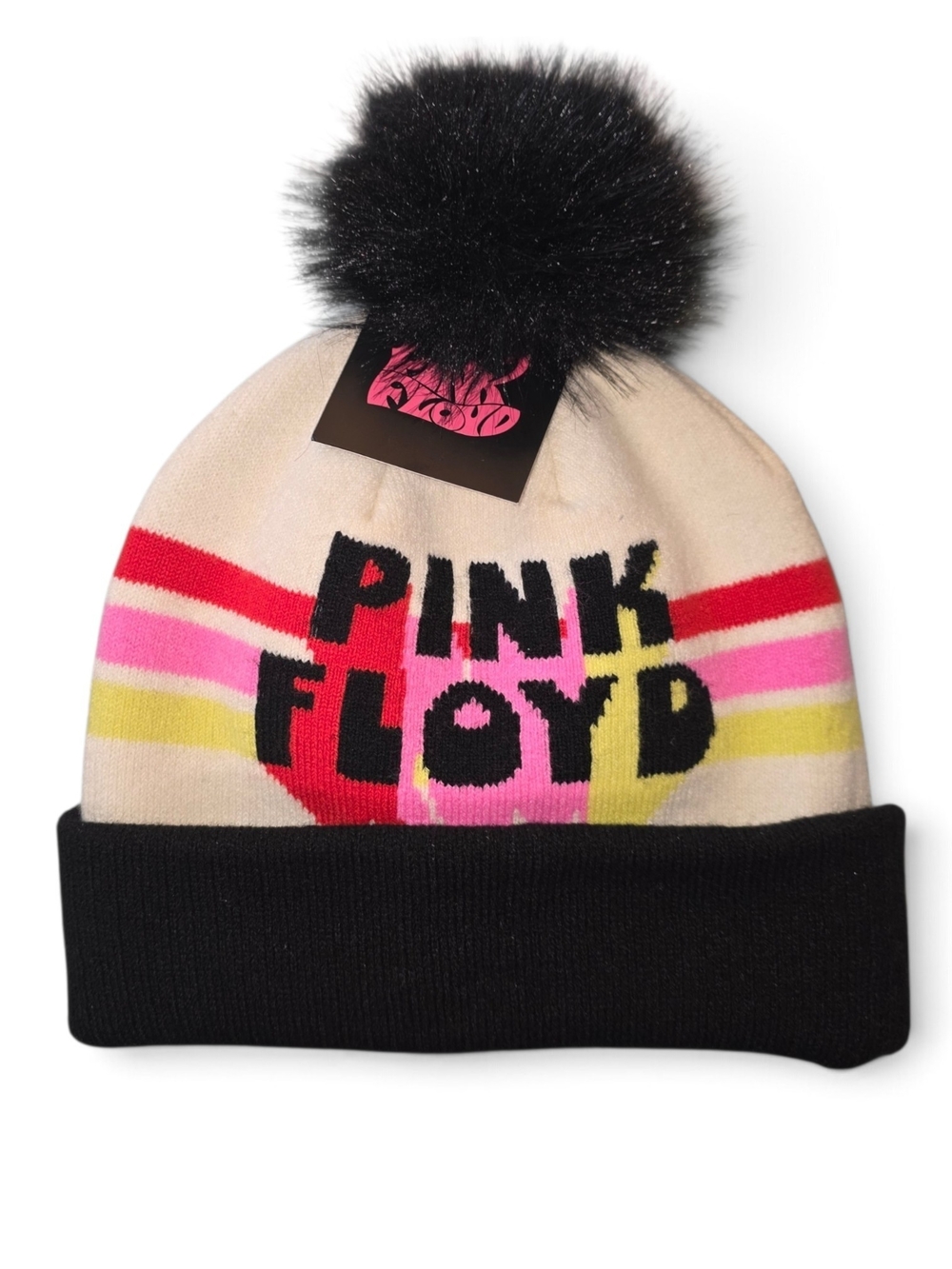 Pink Floyd Cream Knit Beanie with Black Pom Pom and Pink, Red, Yellow Stripes OS